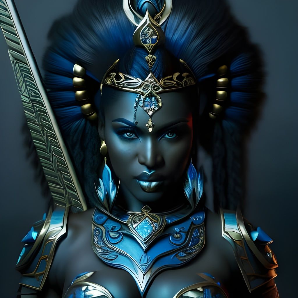 Black Female Warrior Portrait with Sword and Flowers