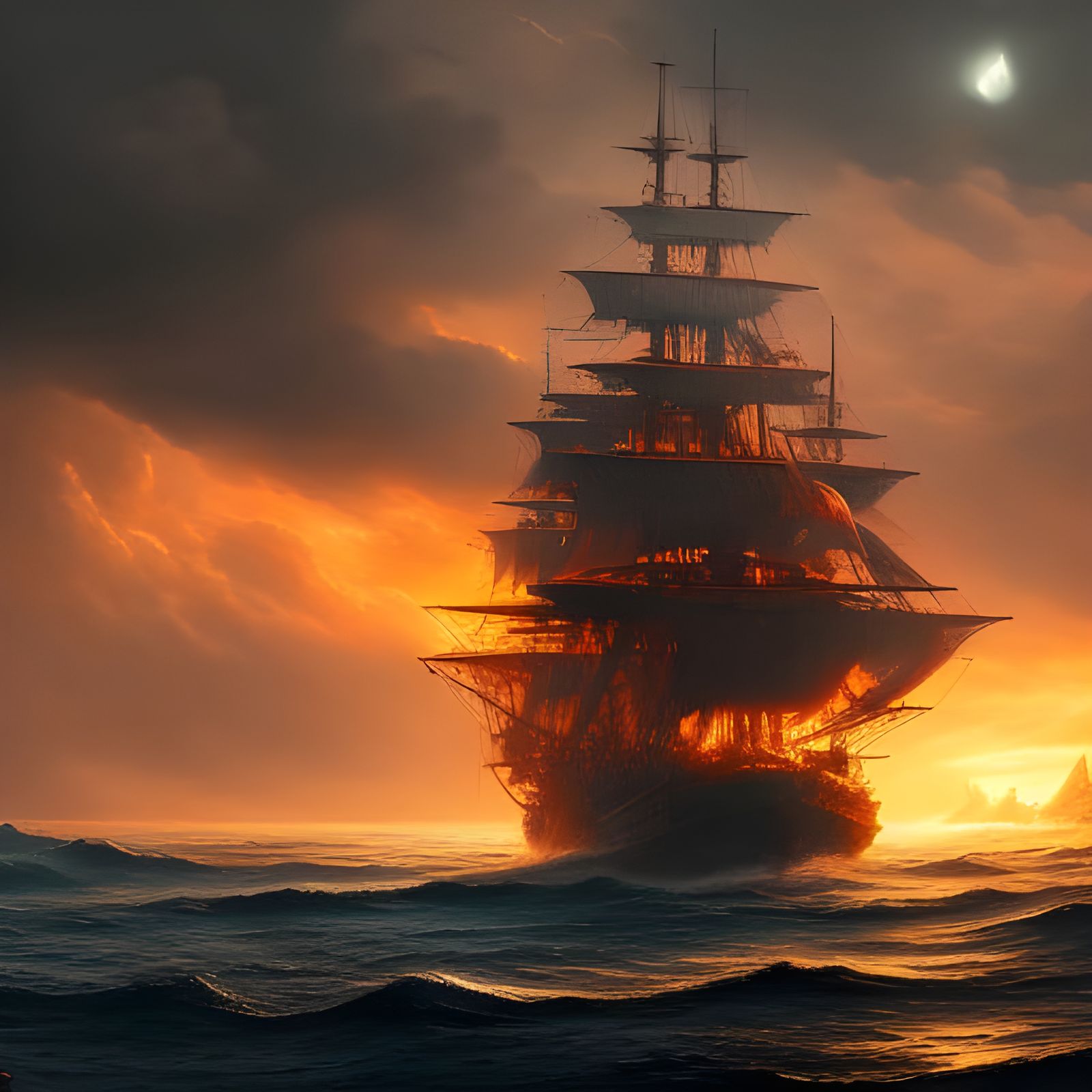 Pirate Ship at Sunset in Dark Fantasy Style