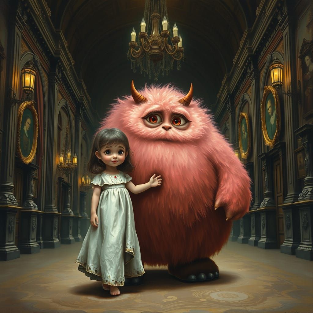 Whimsical Girl and Furry Friend in Victorian Hallway