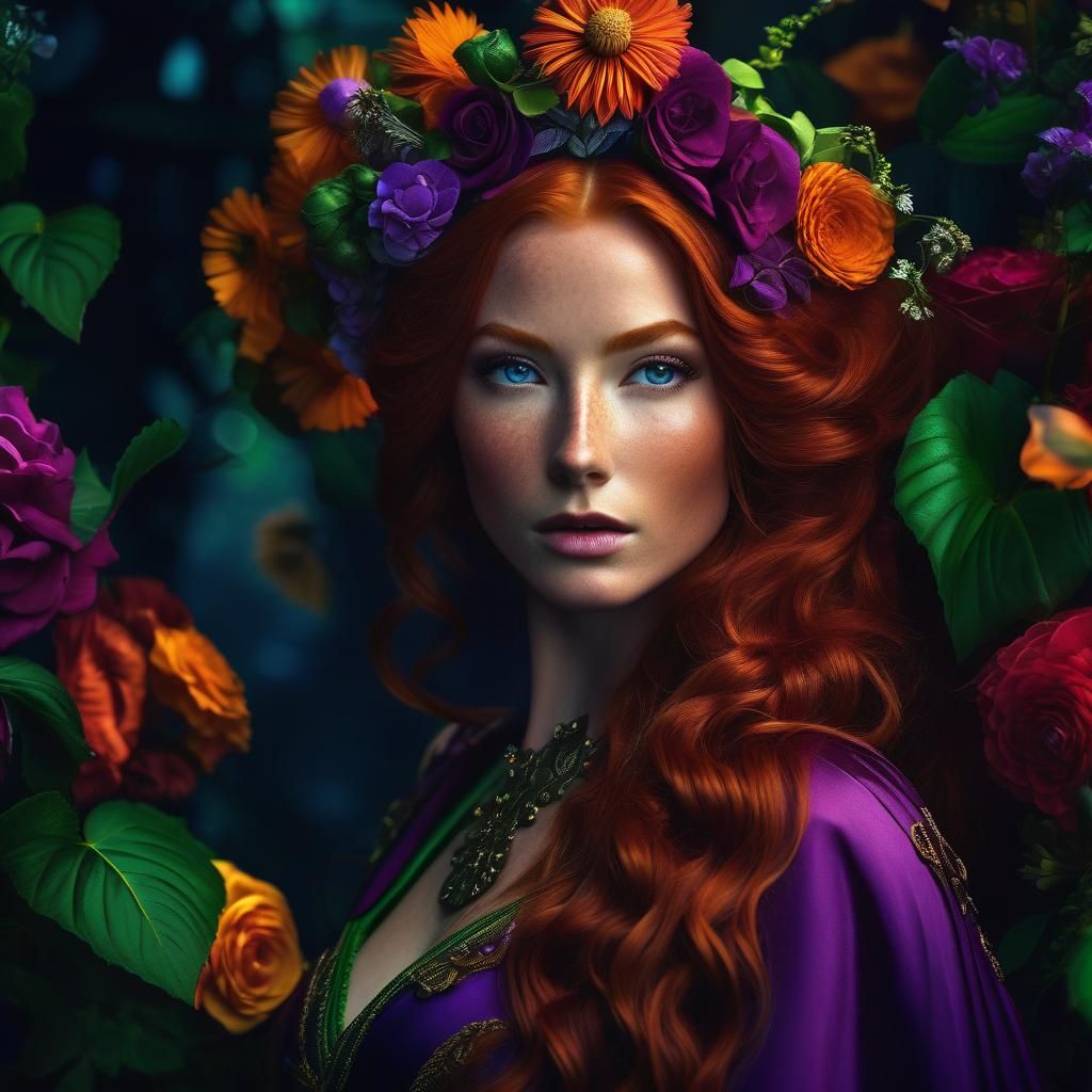 Red-Haired Woman in Floral Fantasy Art