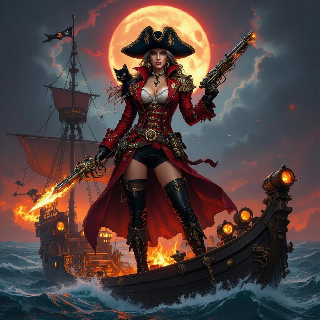 Pirate Captain on Fiery Seas in Dark Fantasy Style
