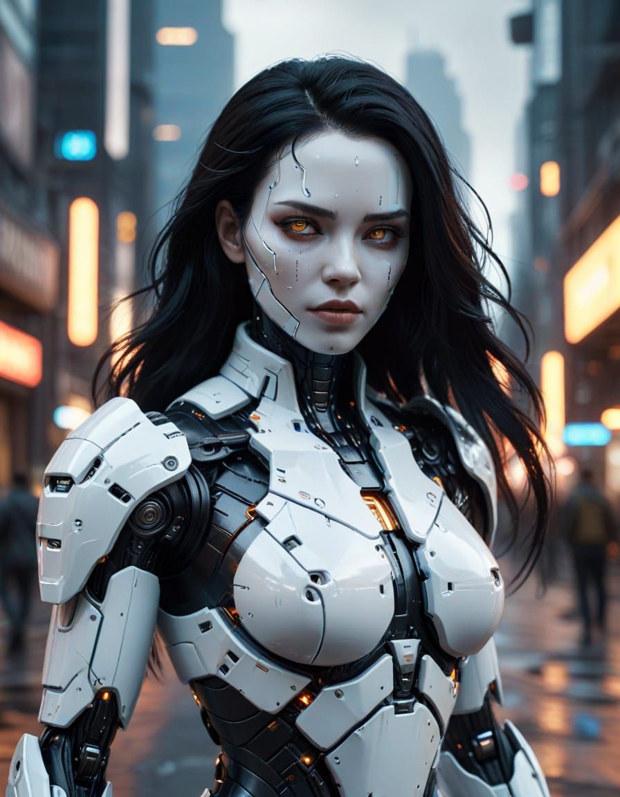 Cyberpunk Android in Futuristic Cityscape
