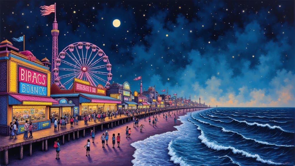 Vibrant Boardwalk at Night in Pointillism Style