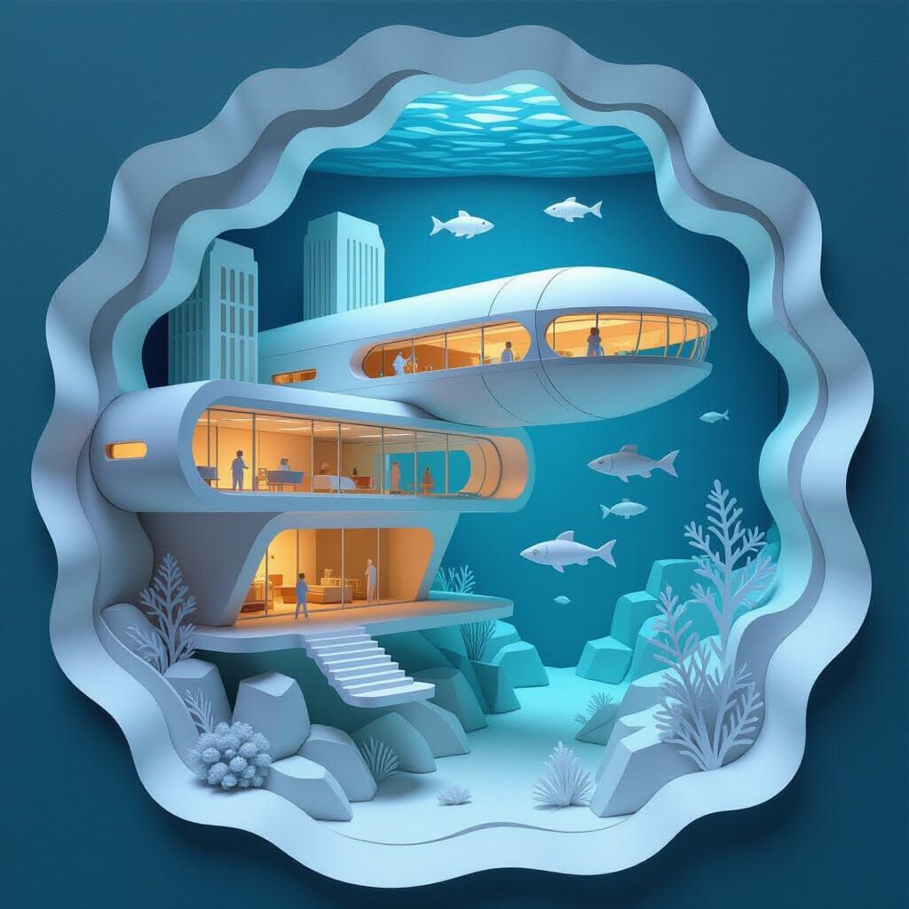 Futuristic Brutalist Aquarium in Paper-Cut Style