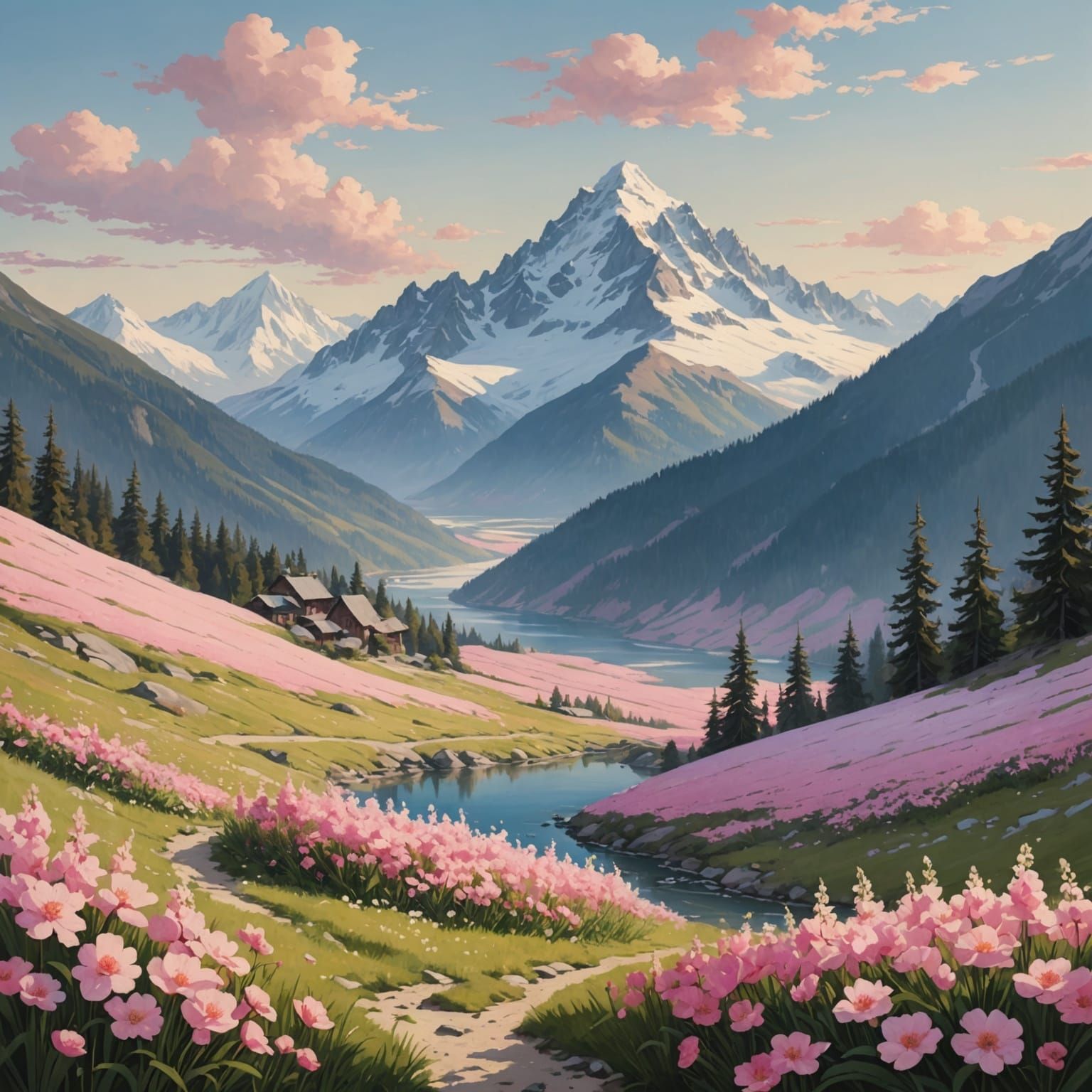 Serene Mountain Landscape with Pink Valleys