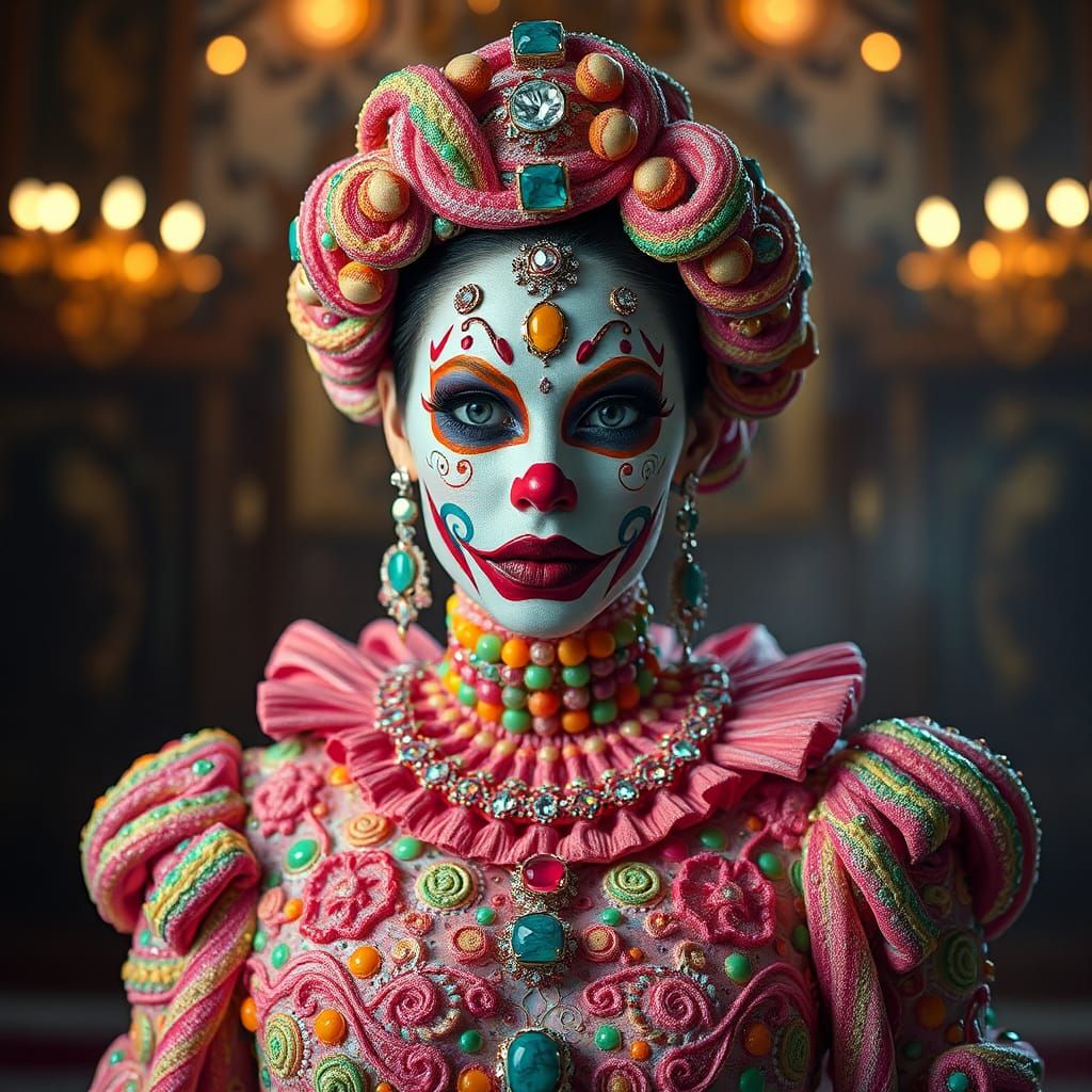 Candy-Coated Clown Woman in Opulent Style