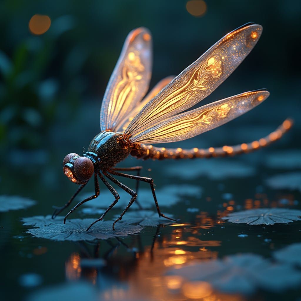 Robotic Dragonfly with Bioluminescent Wings in Art Nouveau S...