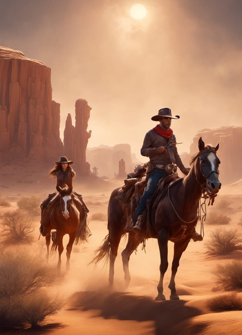 cowboys and cowgirls on thrilling desert adventures detailed matte painting, deep color, fantastical, intricate detail, ...