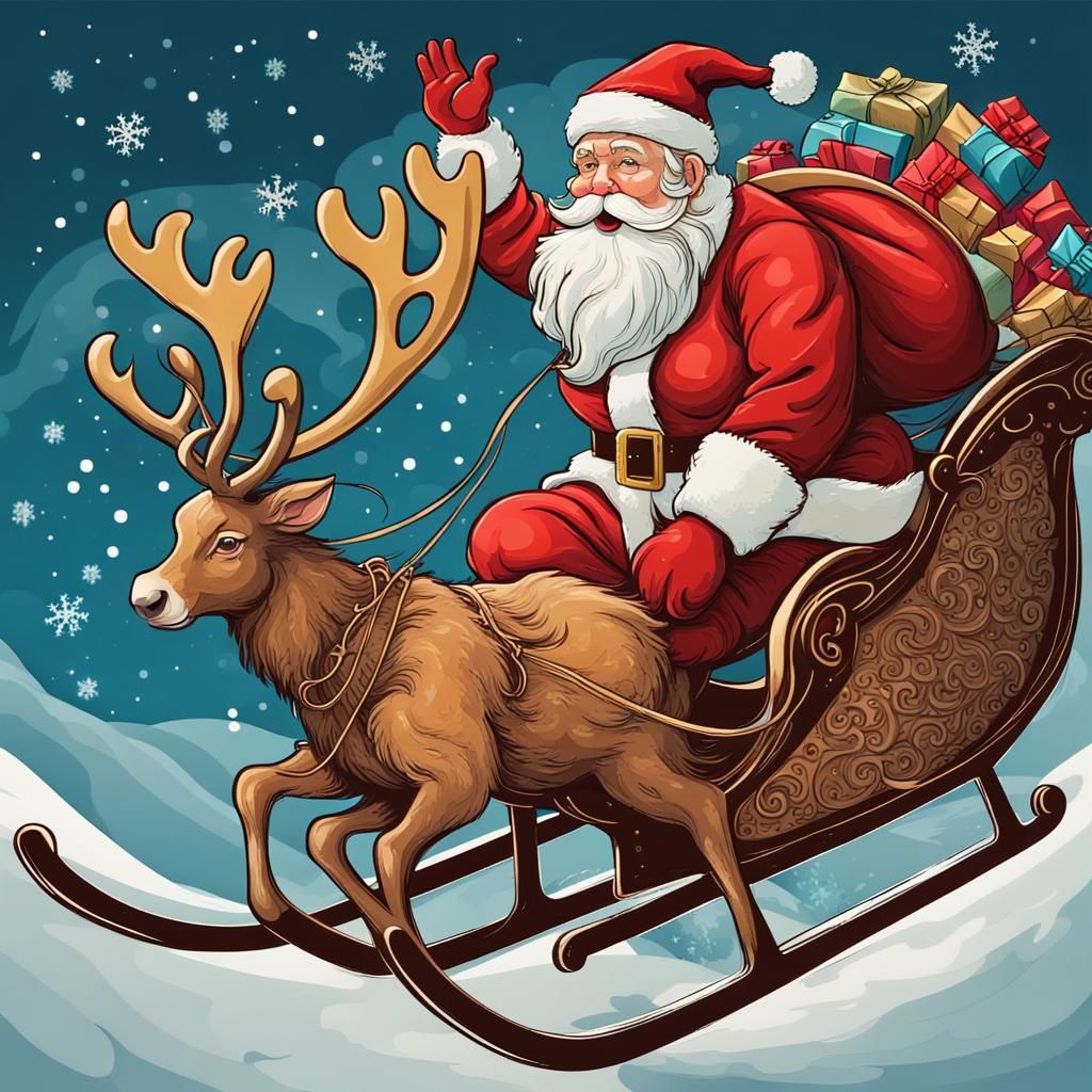 Santa Claus Sleigh Ride in Abstract Art Style