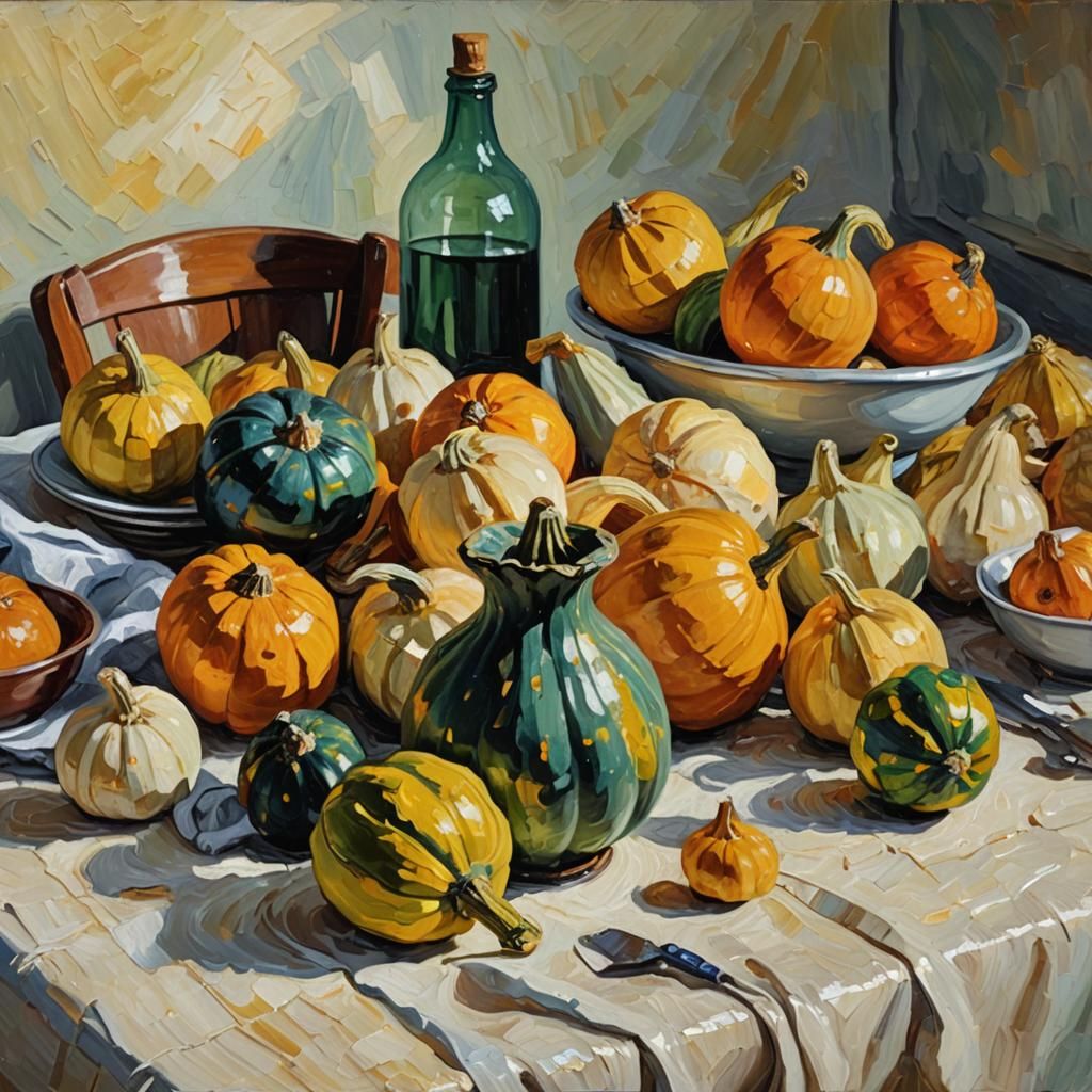 Gourds on Sunlit Table, Neo-Impressionist Oil Painting