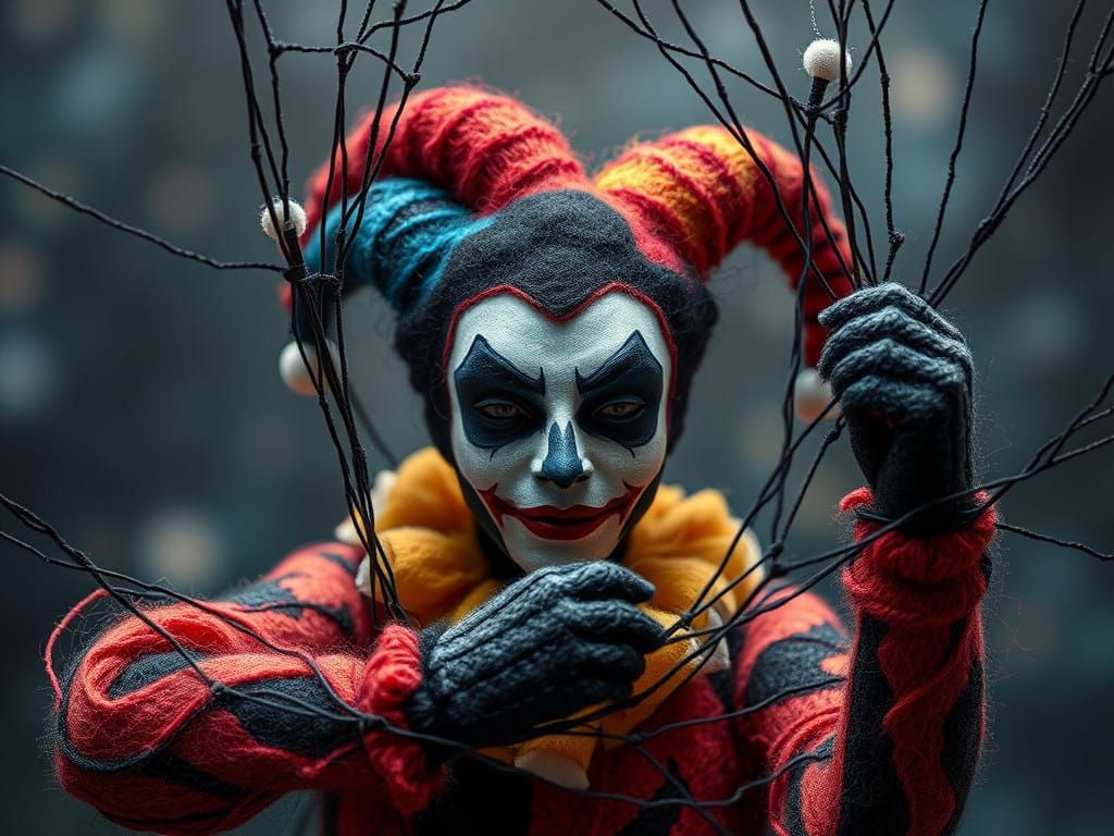 Ethereal Harlequin in Whimsical Fiber Art