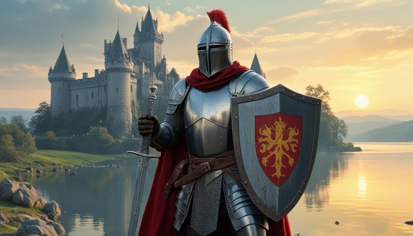 Chivalrous Knight Guards Castle by Serene Lake