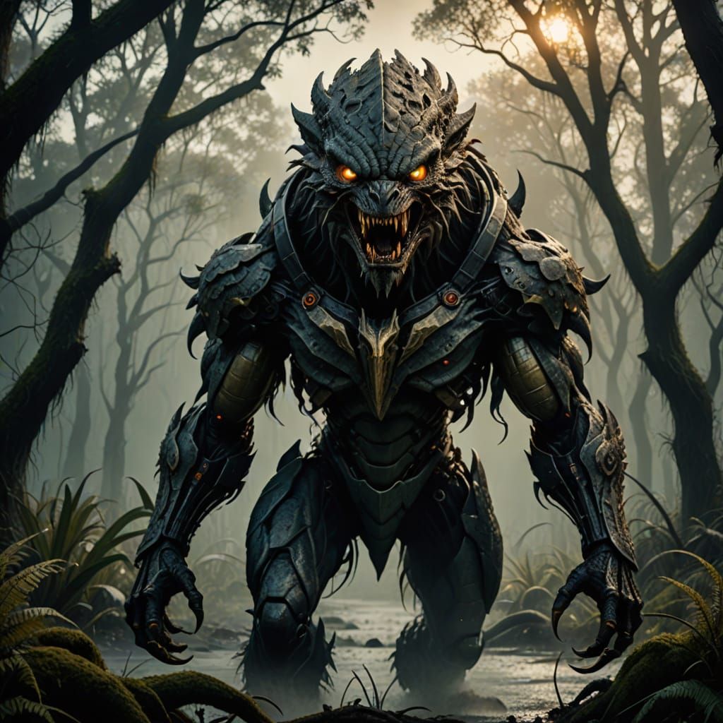 Monstrous Human-Harrier Hybrid in Hyperrealistic Film Still