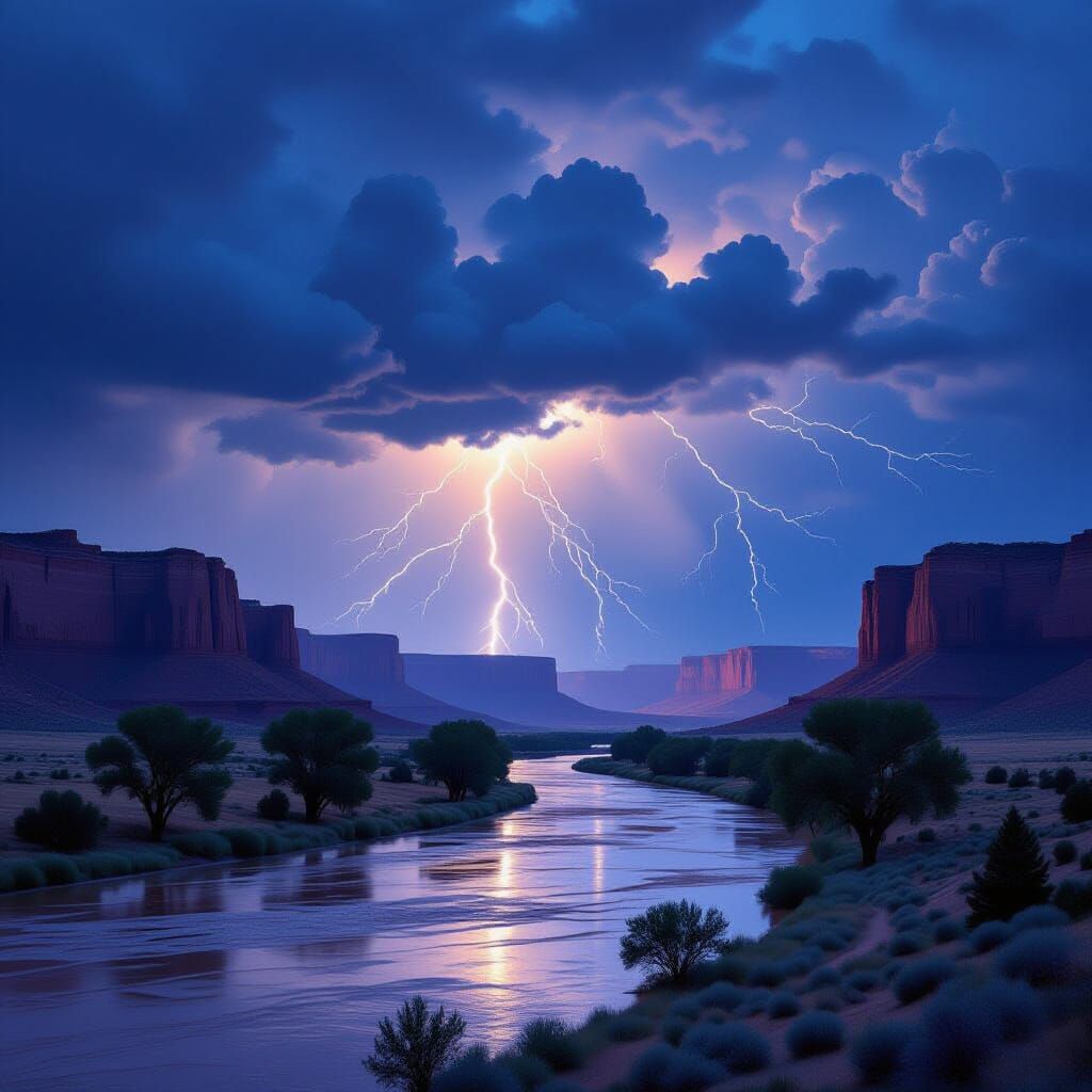 Desert Thunderstorm with Red Cliffs, Dramatic Lighting