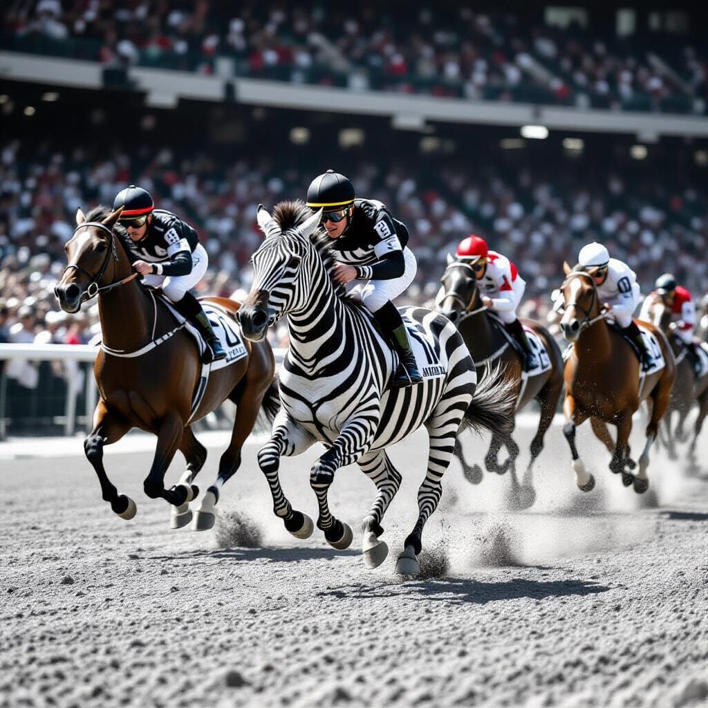 Zebra Competes in Intense Monochrome Horse Race