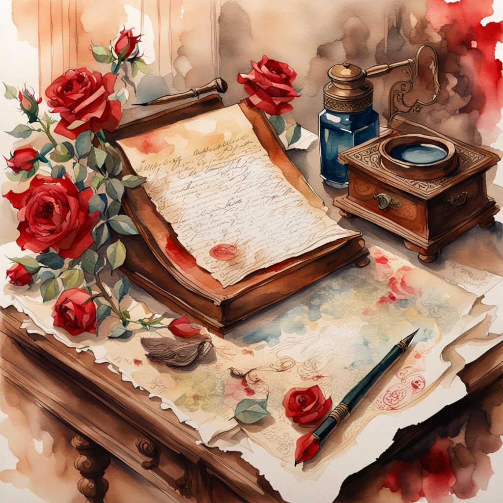 Victorian Desk with Letter in Watercolor Style