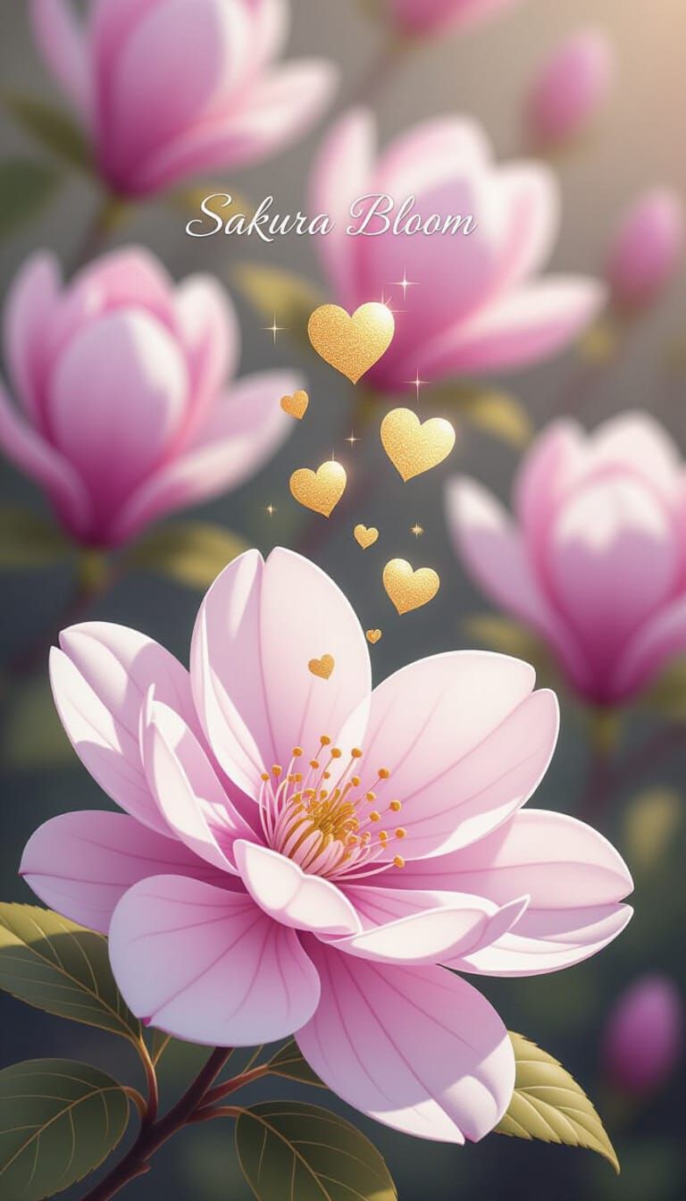 Sakura Blossom with Floating Hearts in Colored Pencil Style