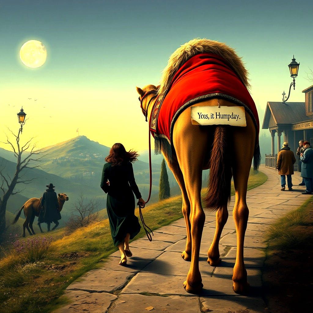 Wednesday's Humorous Camel Journey: Dark Whimsical Art