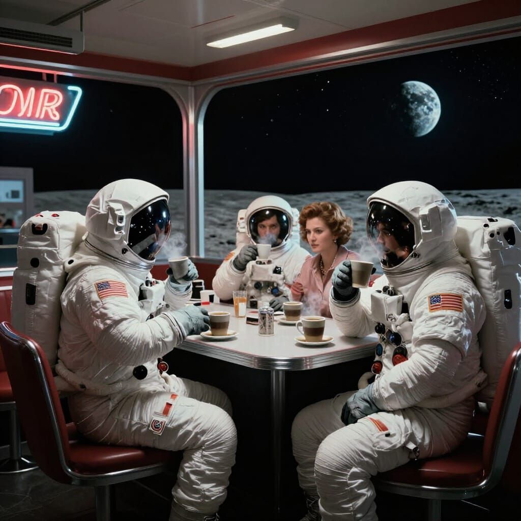 Astronauts in Retro Diner on Moon, Hopper Inspired