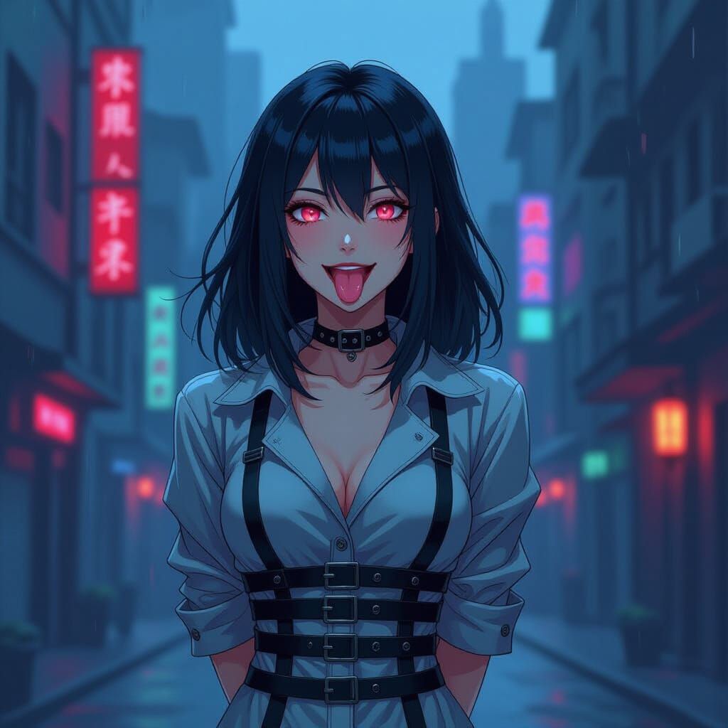 Goth Anime Woman in Cyberpunk Cityscape