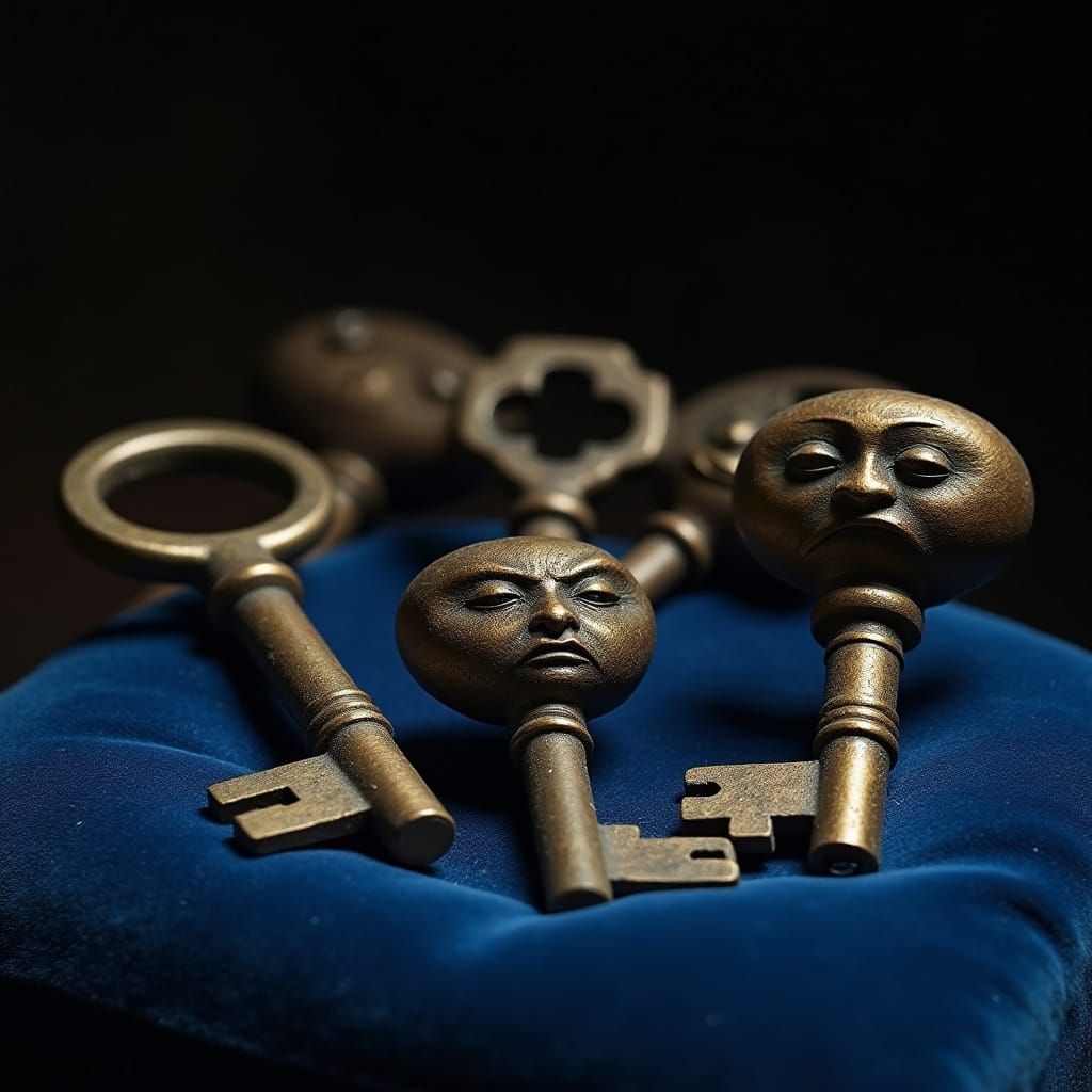Antique Keys with Faces on Velvet Cushion
