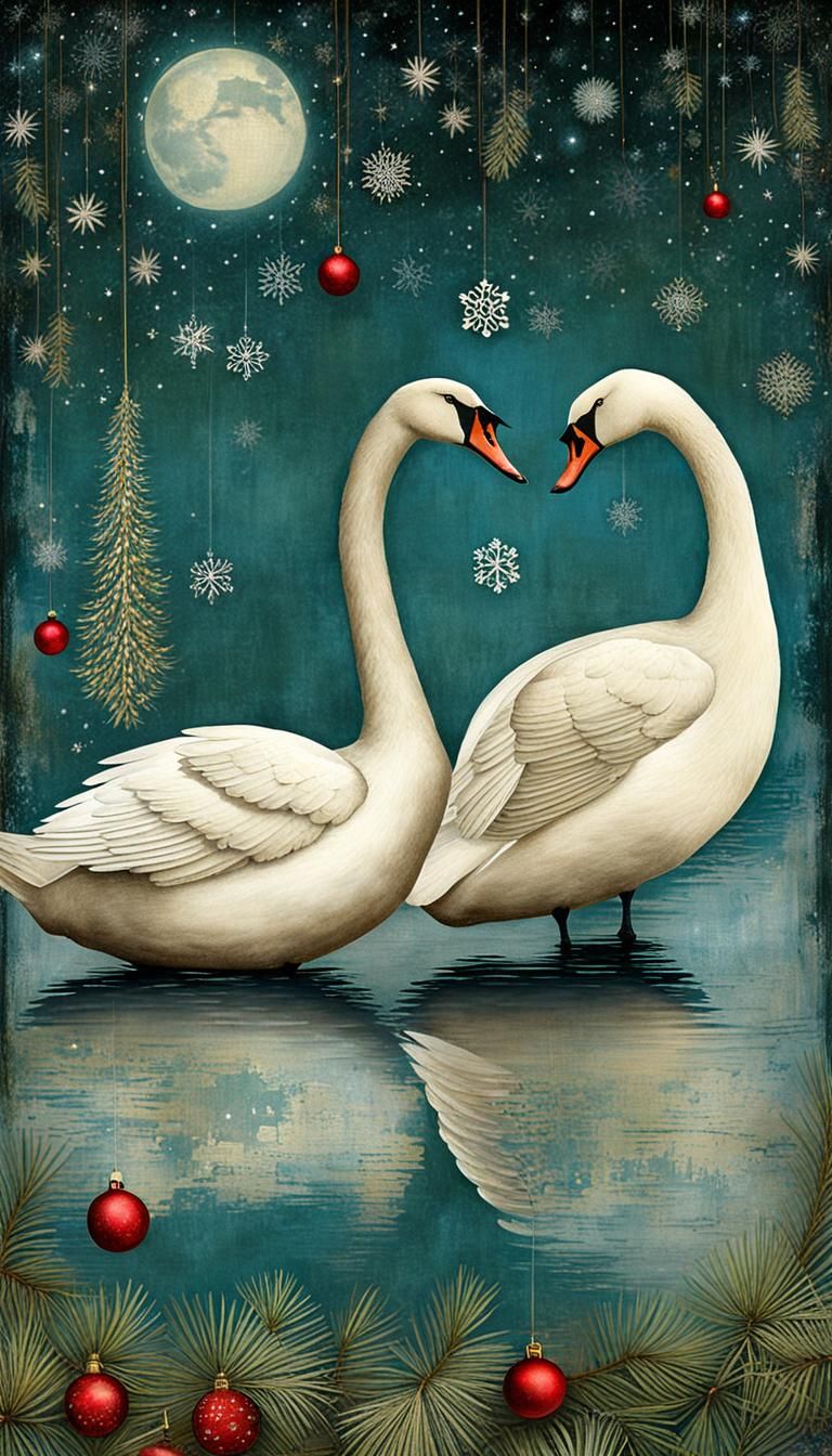 Christmas Swans in Folk Art Style