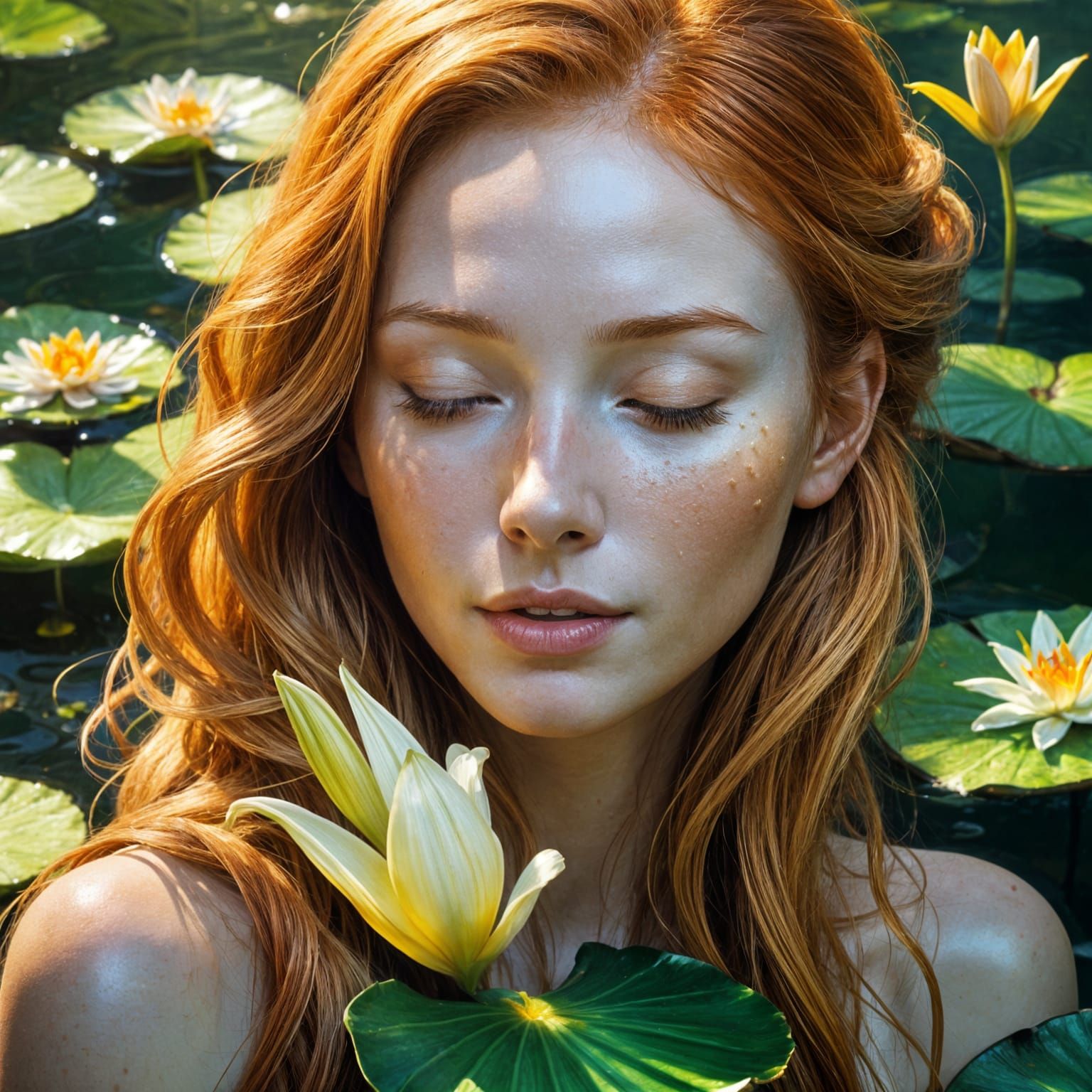 Ginger Woman with Lily Pads, Art Nouveau Portrait