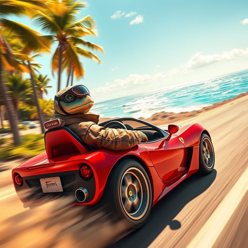 Turbo Turtle Drives Ferrari Along Sun-Kissed Coastline
