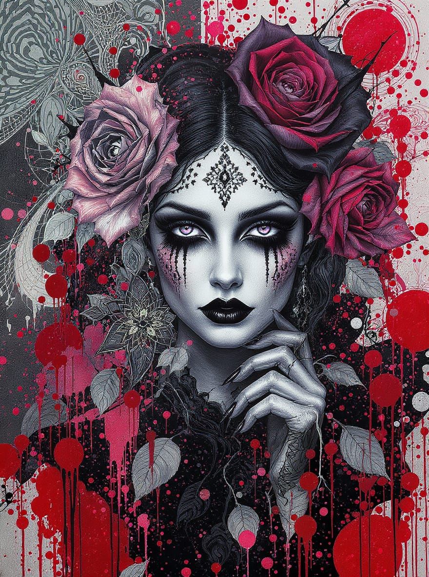 Gothic Black Rose with Paisley and Polka Dots