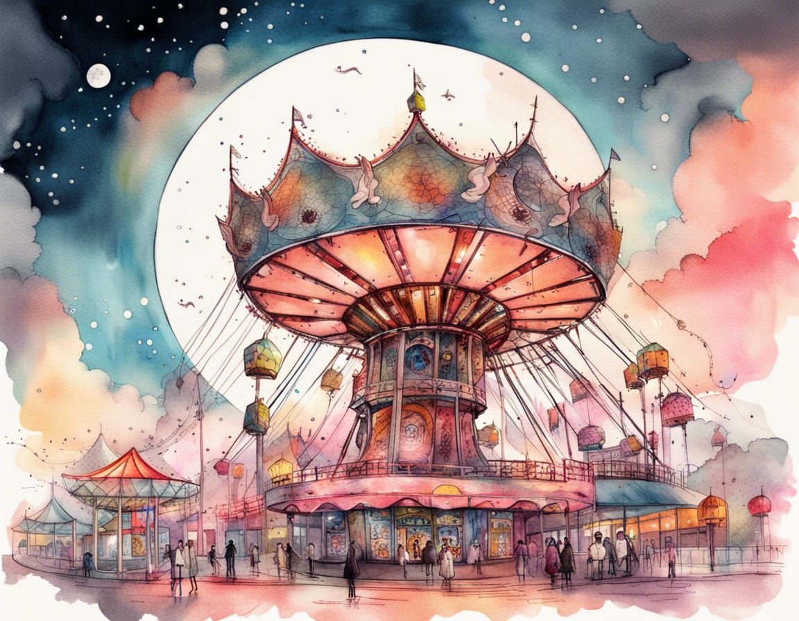 Mysterious Moonlit Amusement Park in Cyberpunk Manga Style