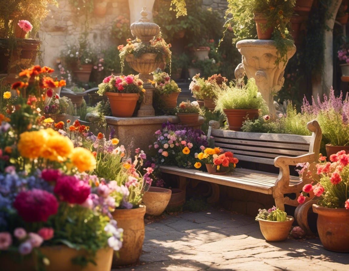 Cozy Corner with Fountain and Flowers