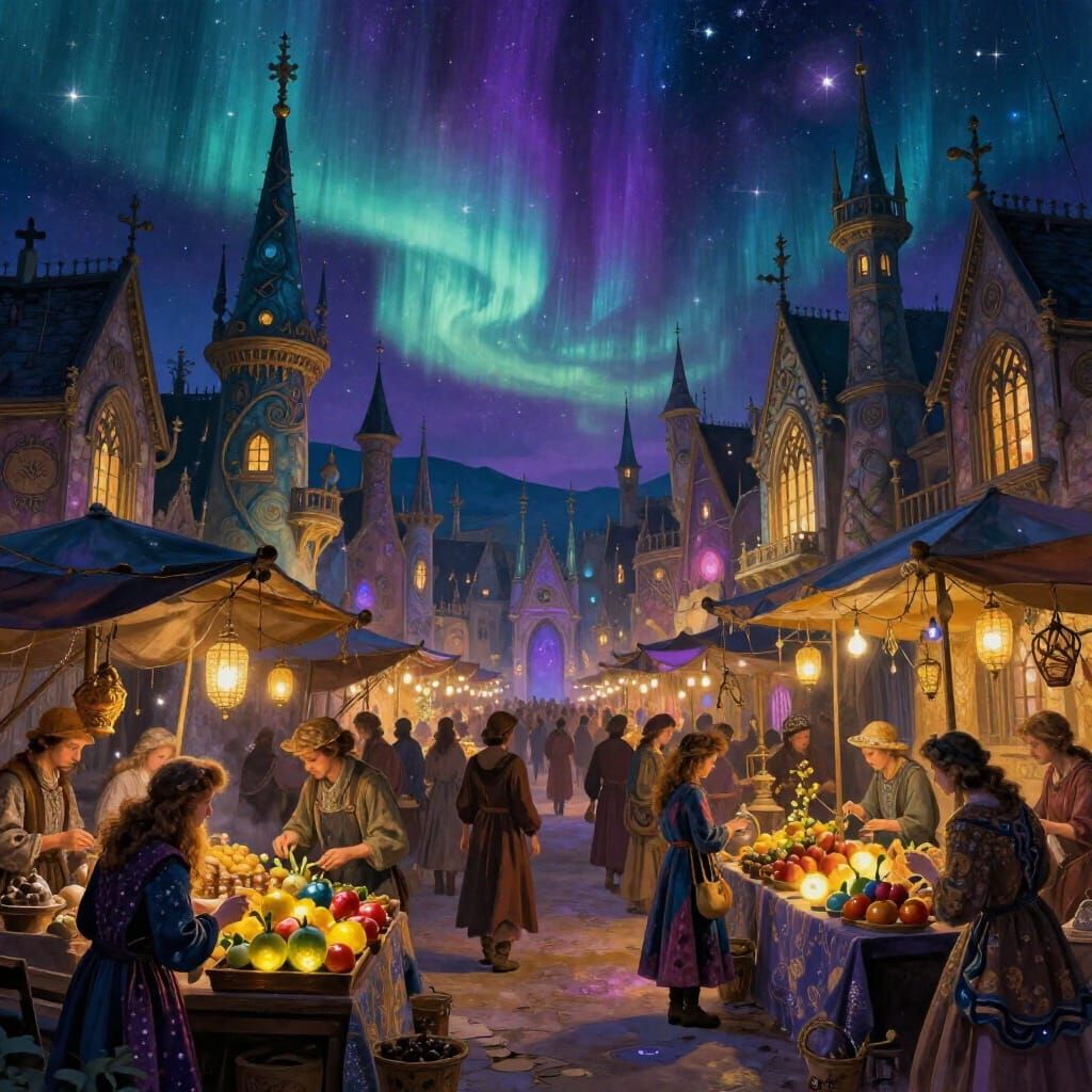 Medieval Marketplace Under Cosmic Aurora Skies