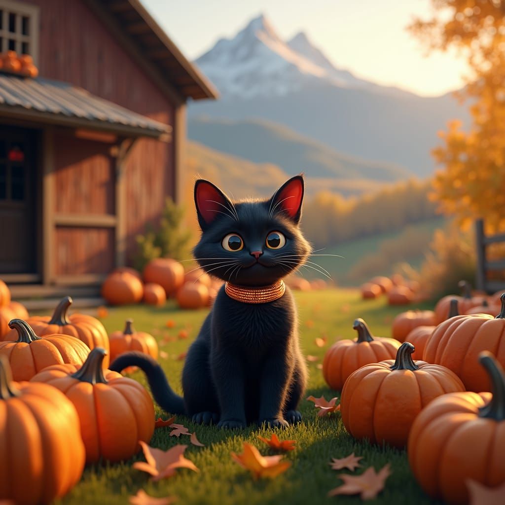 Autumn Farm Scene with Black Cat as Matte Painting