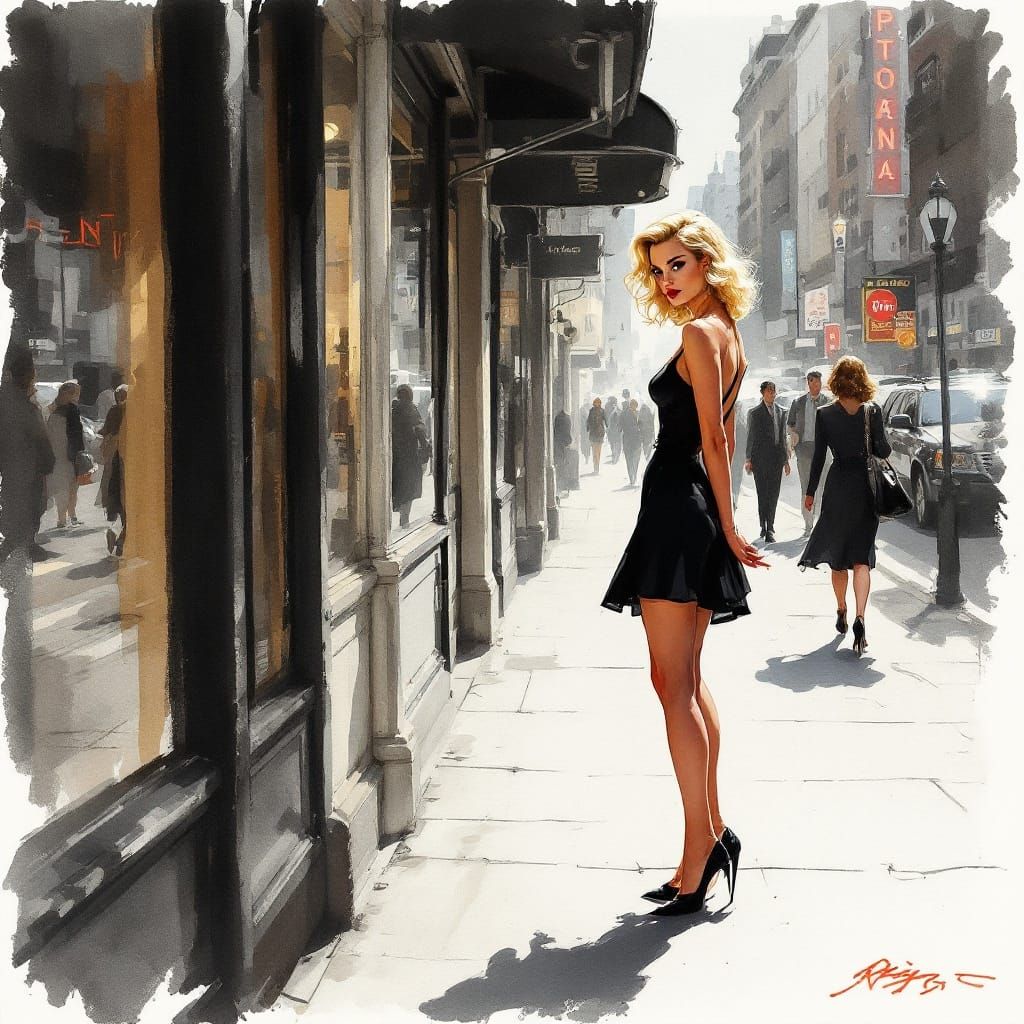 Pin-Up Girl in Cityscape: Watercolor Urban Sketch