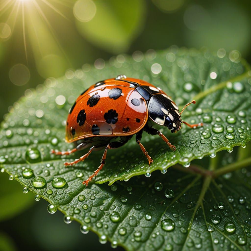 Macro Ladybug on Vibrant Green Leaf in Dappled Sunlight