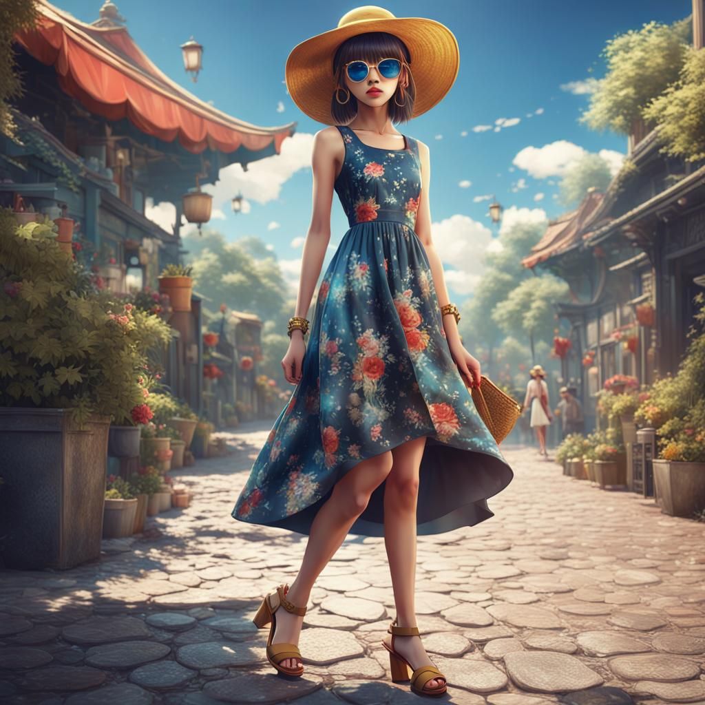 Elegant Anime Woman in Summer Dress