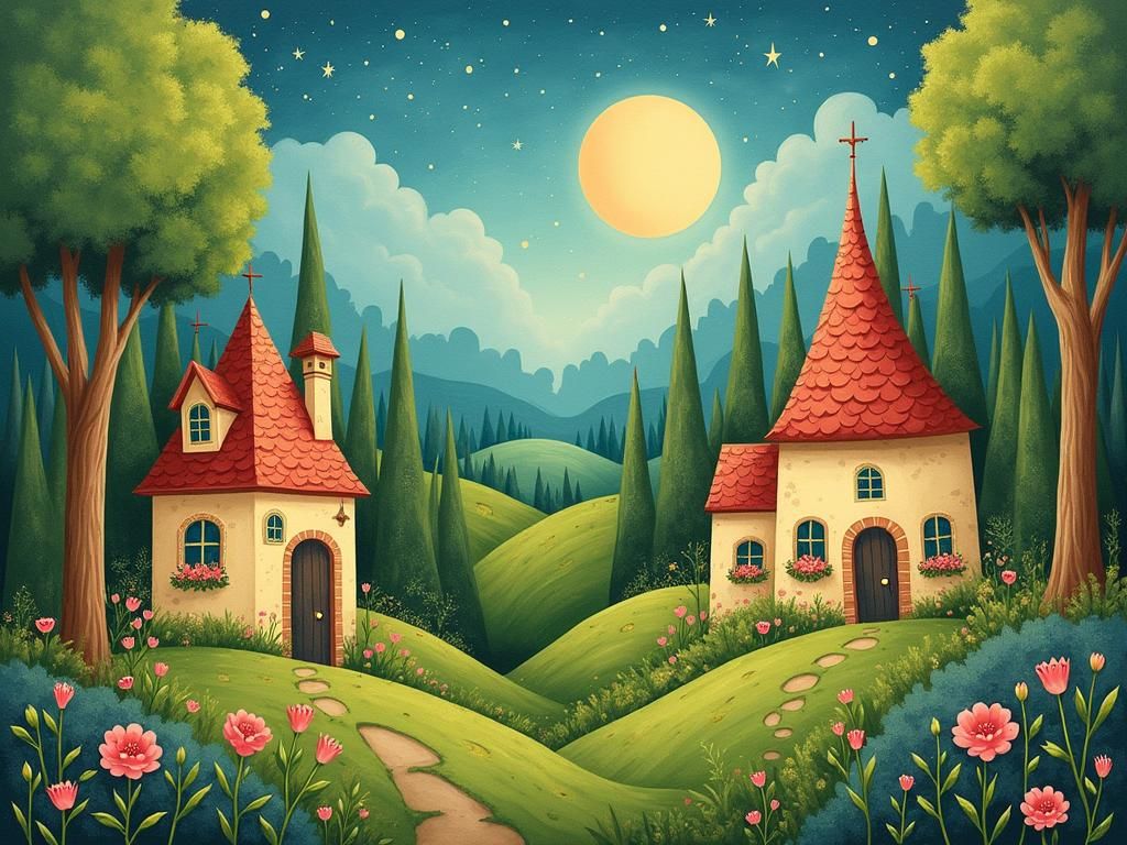 Whimsical Folk Art Village Under Moonlight