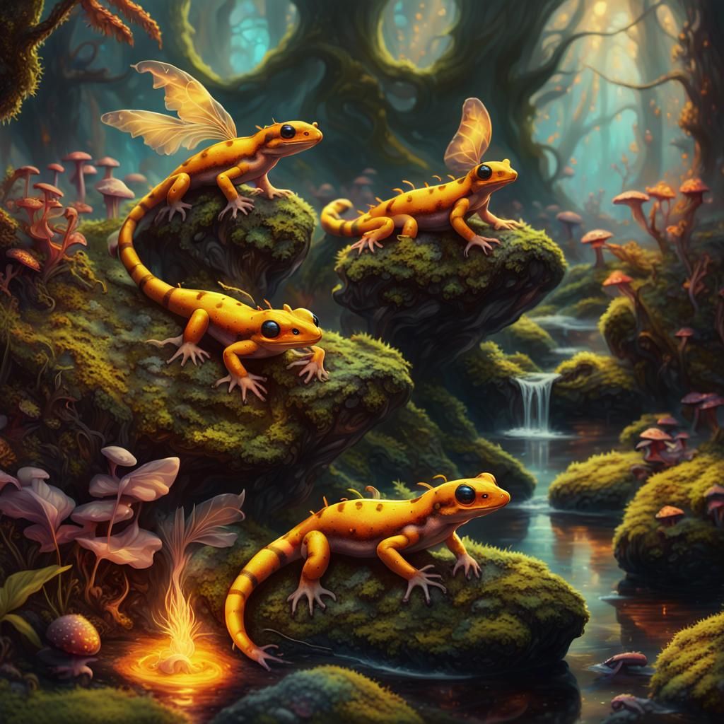 Fire Salamanders in a Magical Forest Wonderland
