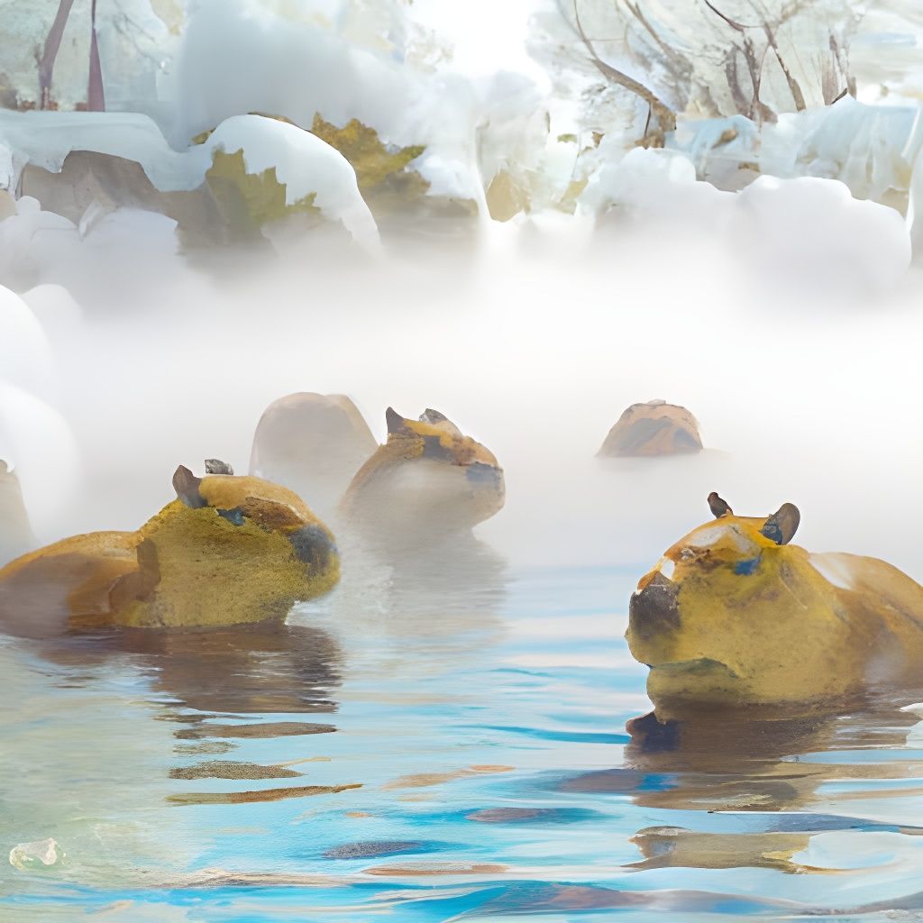 Capybaras in Winter Hot Spring: Ghibli Anime Style