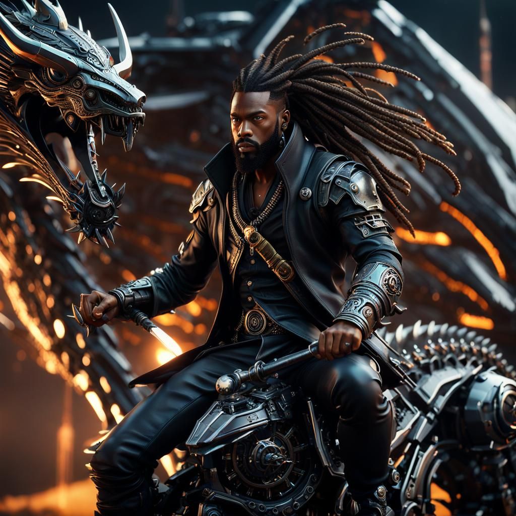 Epic Black Pirate Rides Dragon in Sci-Fi Style