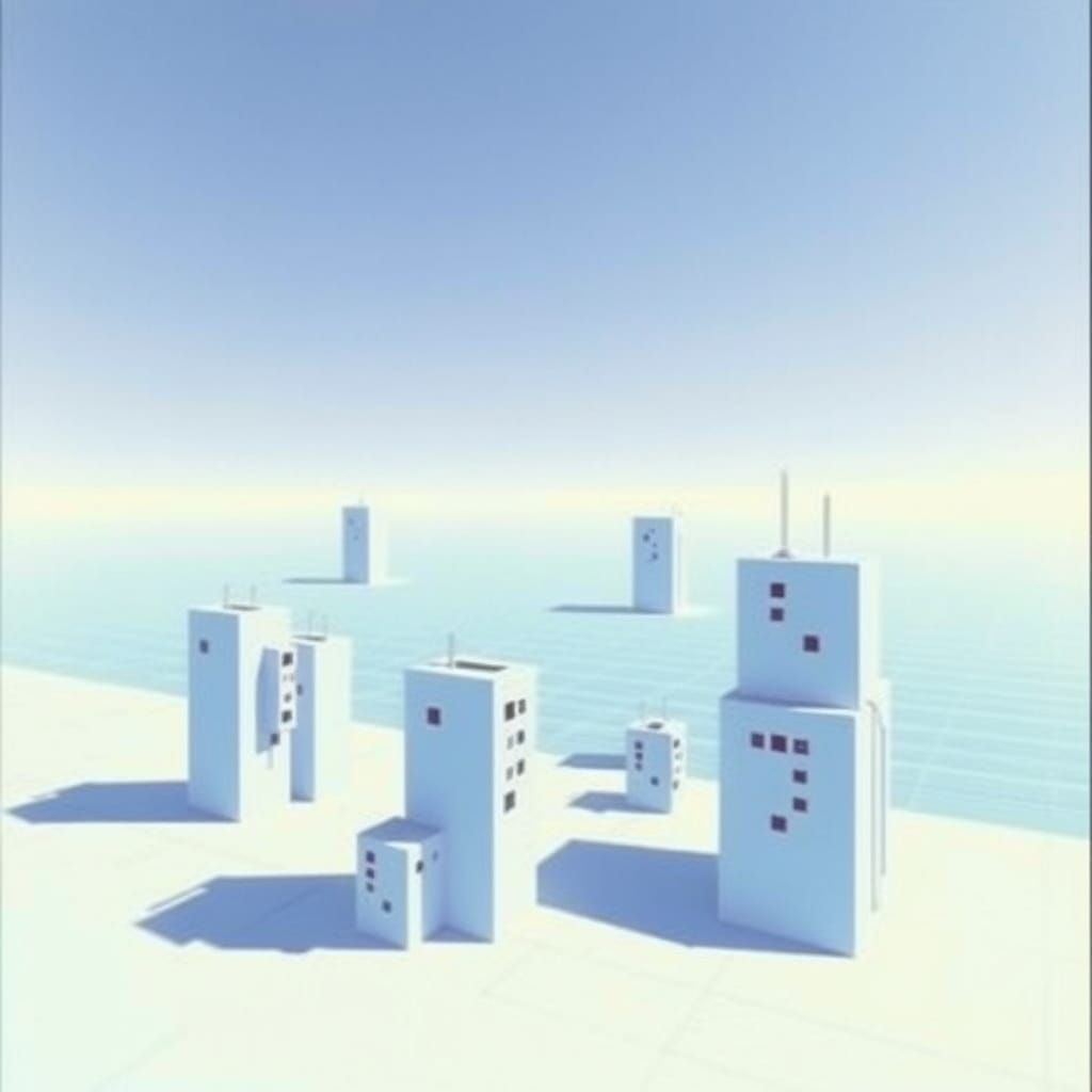 Cyberpunk Cityscape with Blue Grid and Protruding Buildings