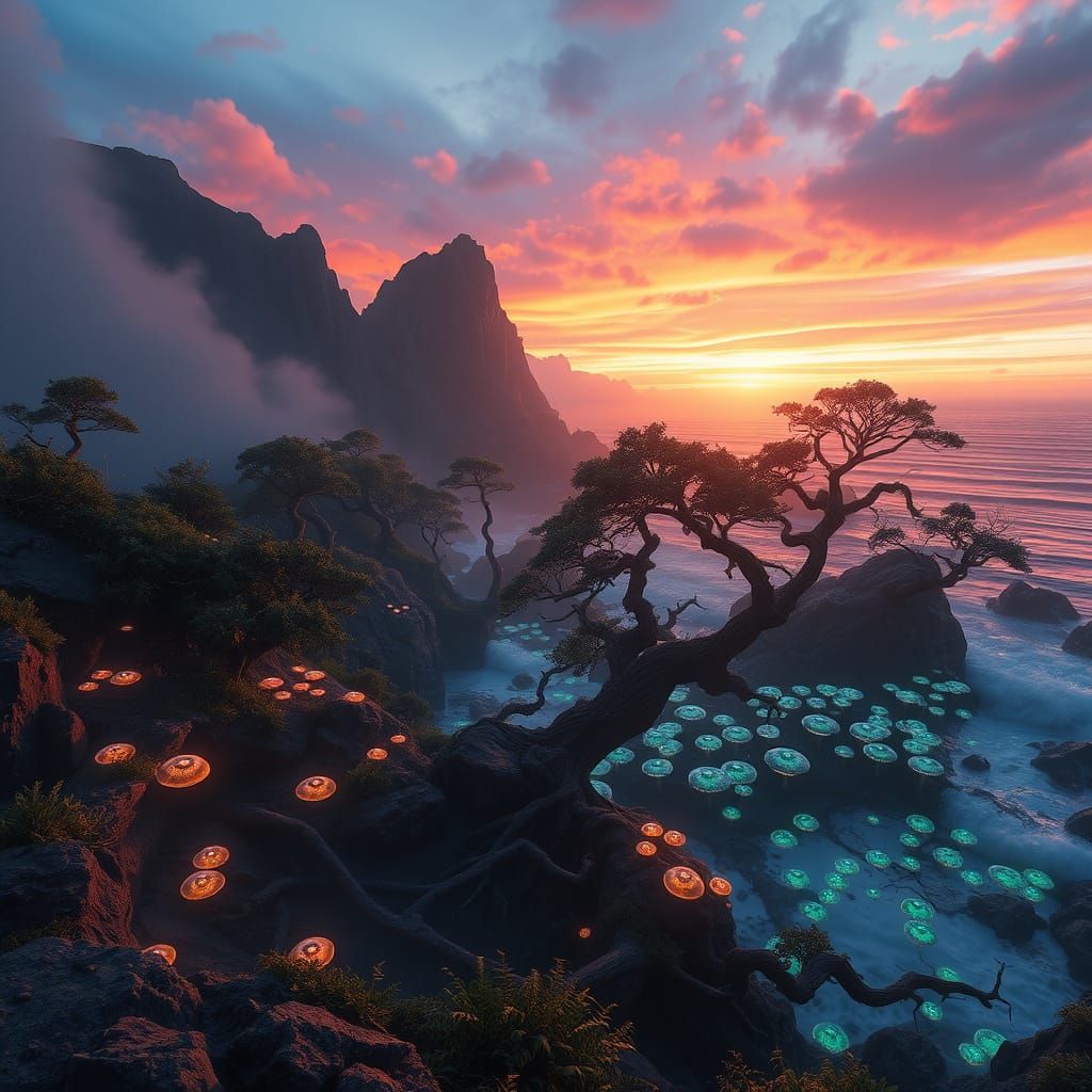 Surreal Pacific Coast Sunset Landscape with Bioluminescent F...