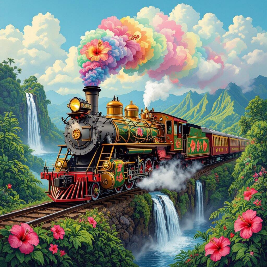Steampunk Locomotive in Hawaiian Landscape