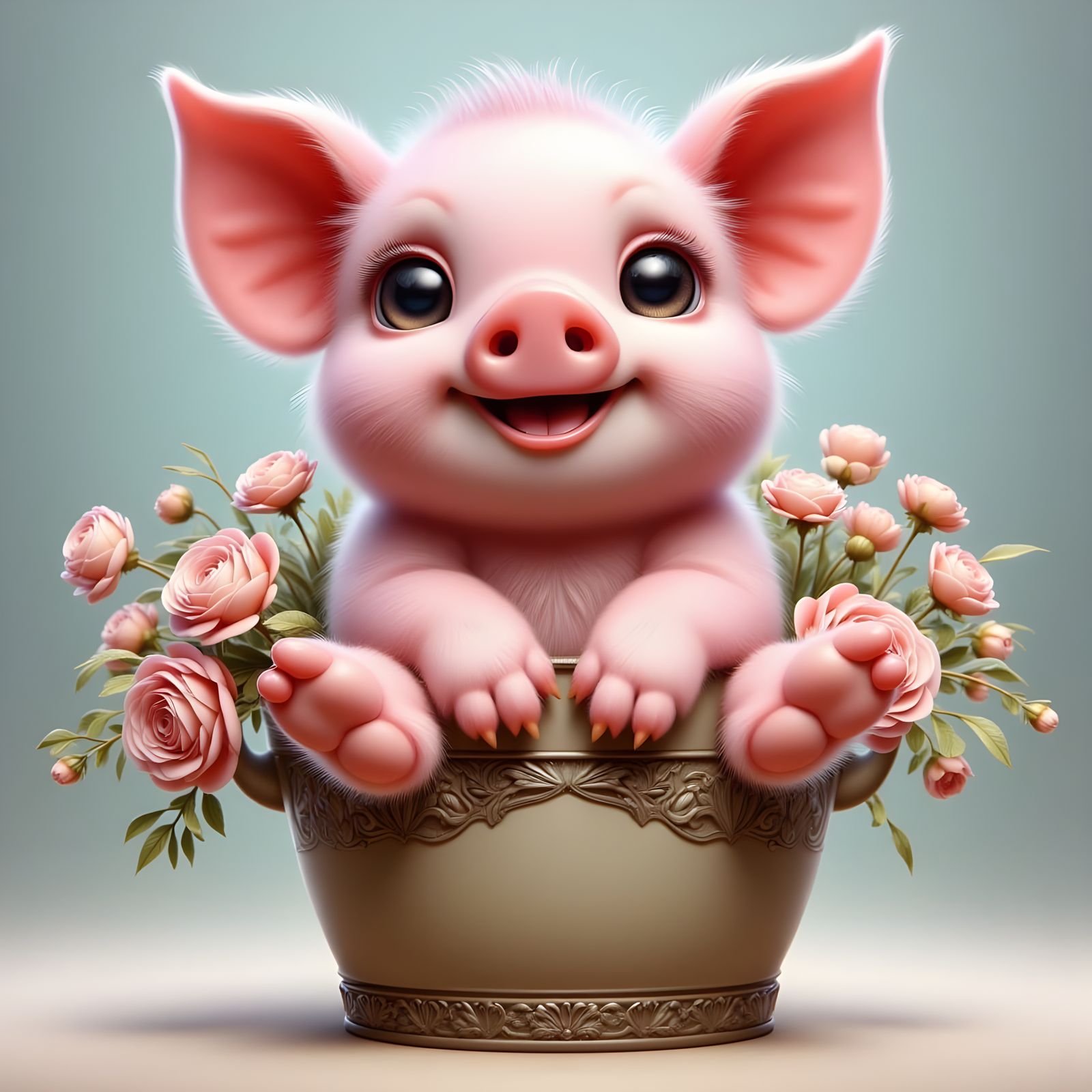 Cute Pink Piglet in Flower Bucket