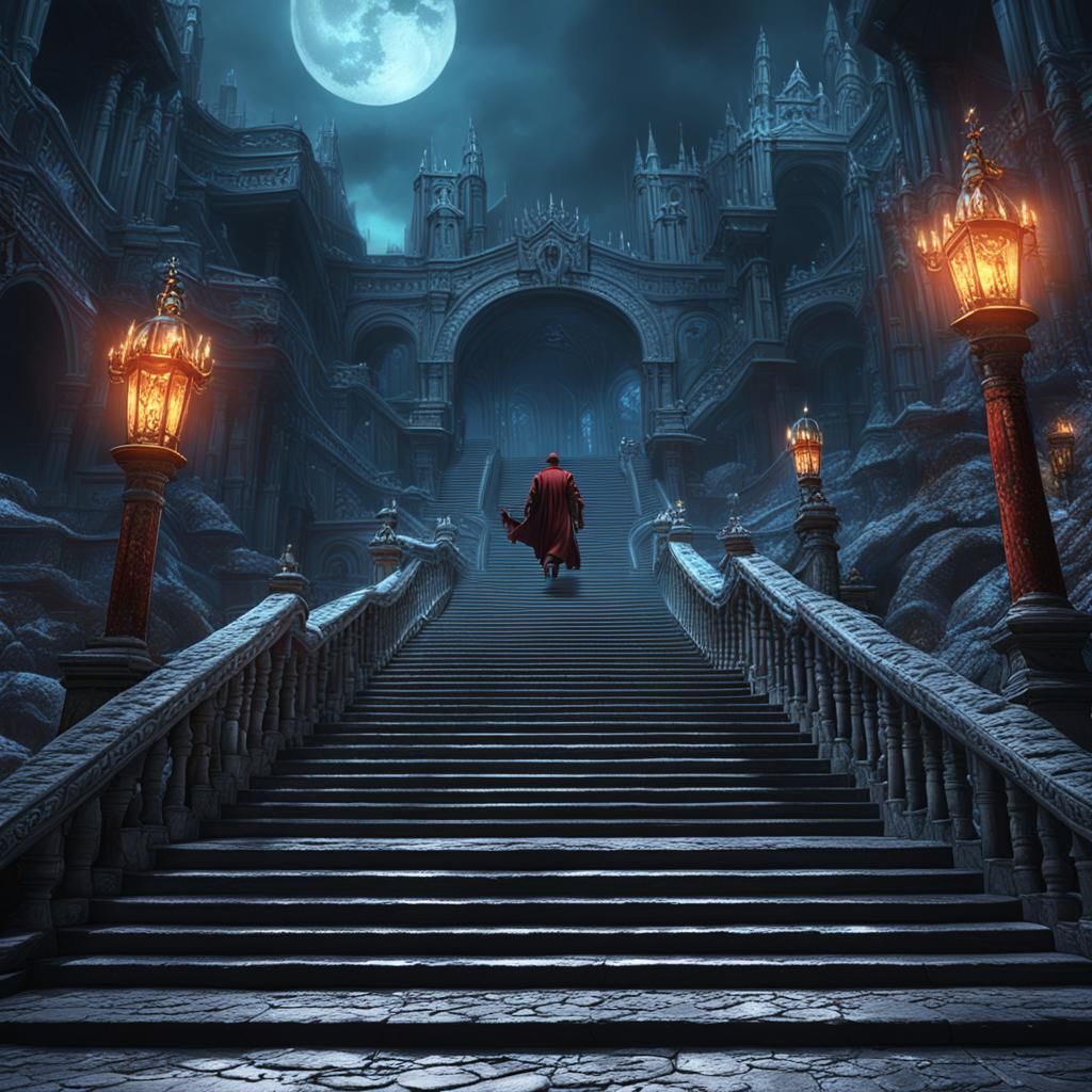 Wizard, Griffin, and Inferno on Dante's Stairs