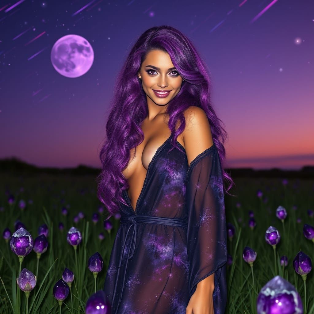 Maiden Amidst Amethyst Geodes Under a Vibrant Purple Moon