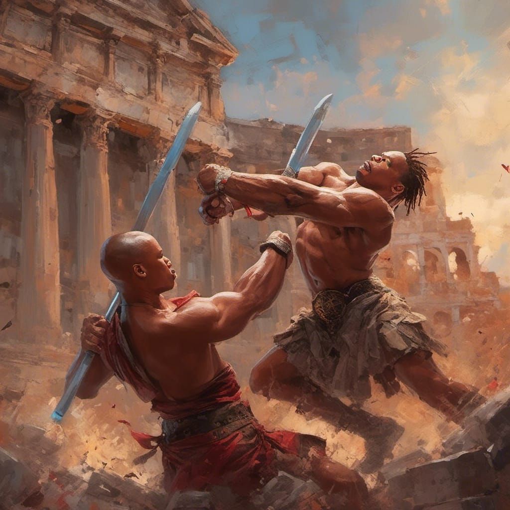 Gladiator Faces Lions in Roman Coliseum, Hyperrealistic Art