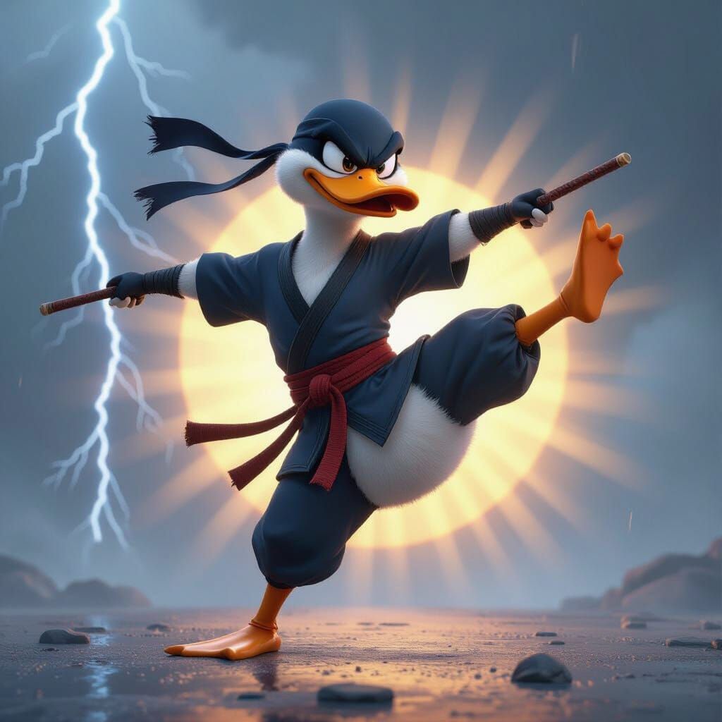 Warrior Duck Ninja Performing High Kick in Stormy Scene