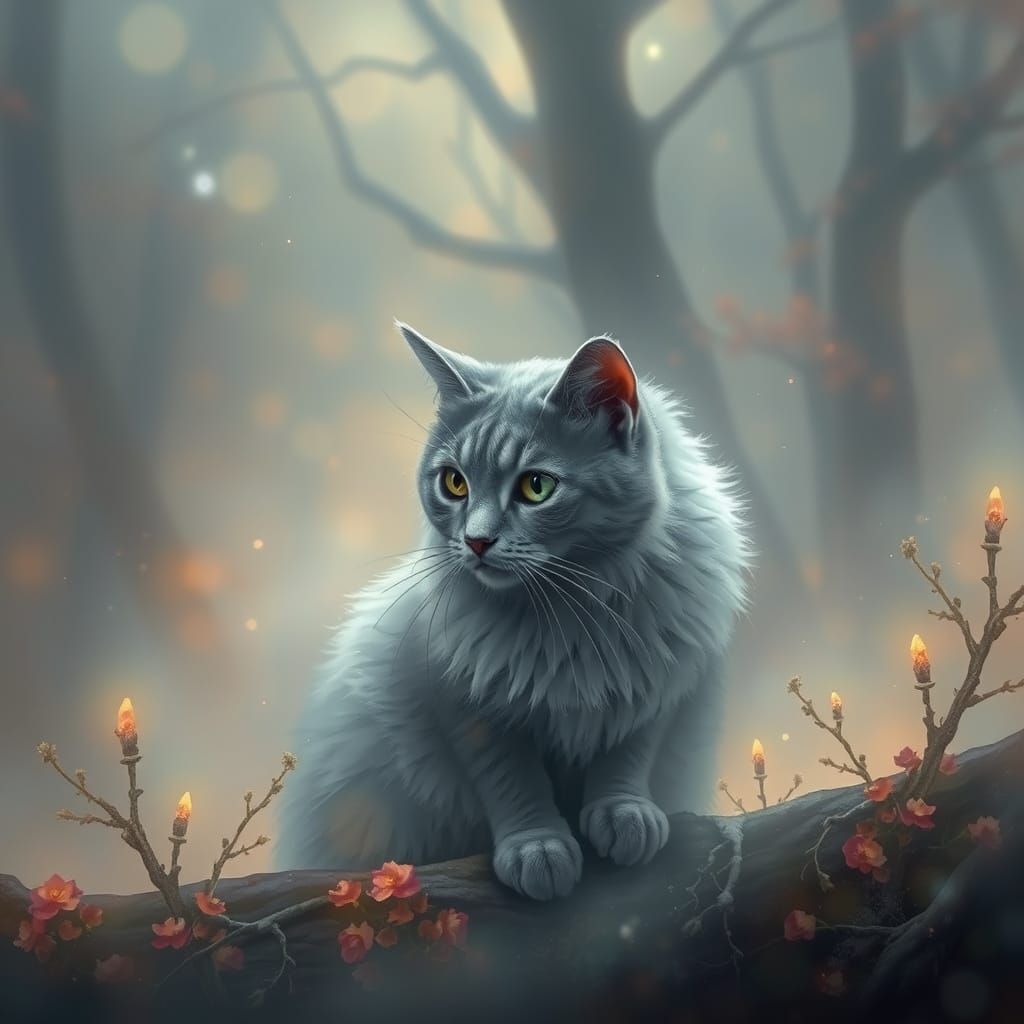 Grey Cat in Ethereal Fantasy Landscape