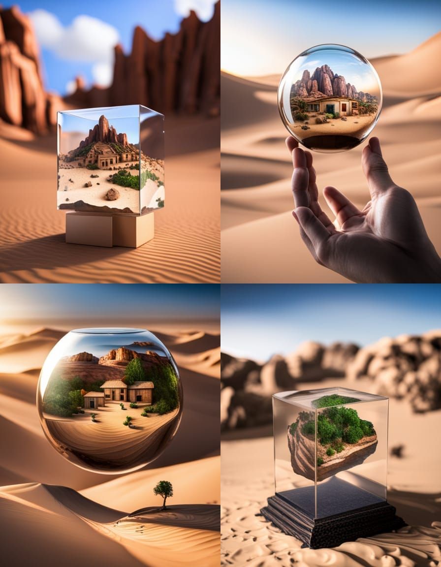 English Village in Glass Cube Amidst Sahara Desert